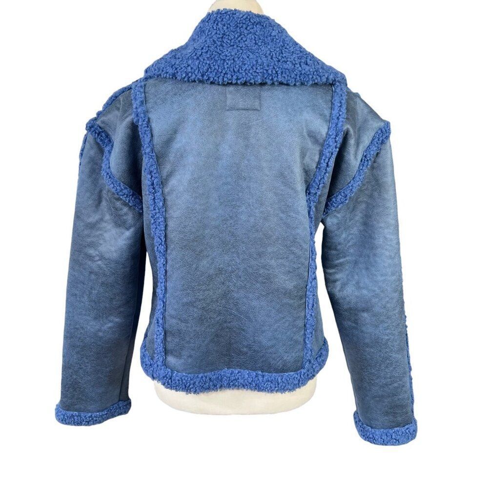 Avec Les Filles Anthropologie Boxy Cropped Fabric Mix Coat Faux Suede Blue Size - Picture 3 of 9
